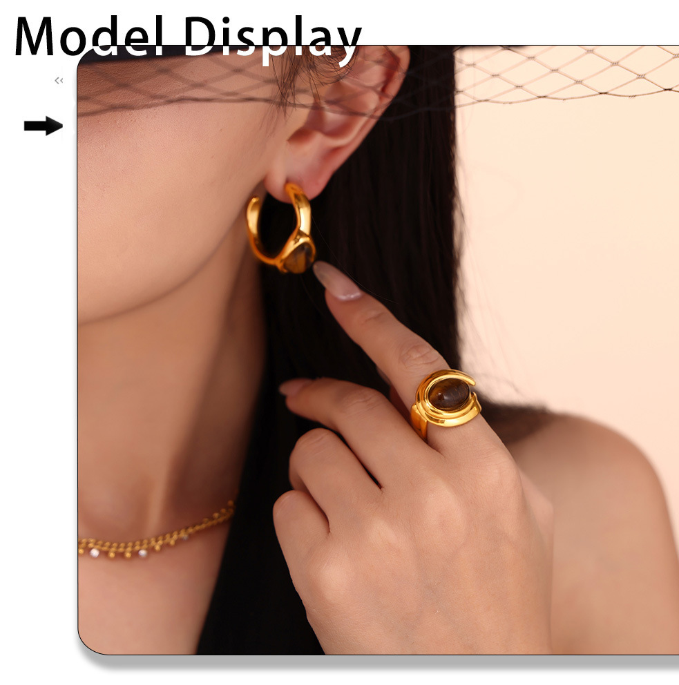 Retro Tiger Eye Stone Hoop Earrings & Open Ring Set Gold Plated_voghion.com