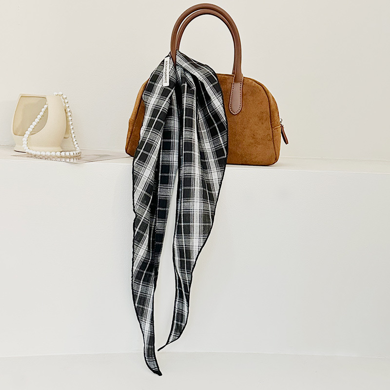 Bufanda triangular para mujer, estilo fino de primavera y verano, bufanda de seda literaria retro, bufanda para el cuello, pañuelo japonés a cuadros de algodón y lino, cinturón para el cabello, cabello atado