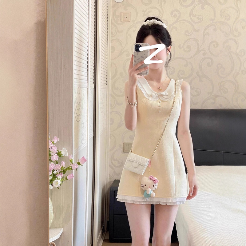 French Style Small Fragrant Style Doll Collar Sleeveless Dress for Women Summer Waist Slimming Rich Daughter Yellow Short Skirt French Style Small Fragrant Style Doll Collar Sleeveless Dress for Women Summer Waist Slimming Rich Daughter Yellow Short Skirt