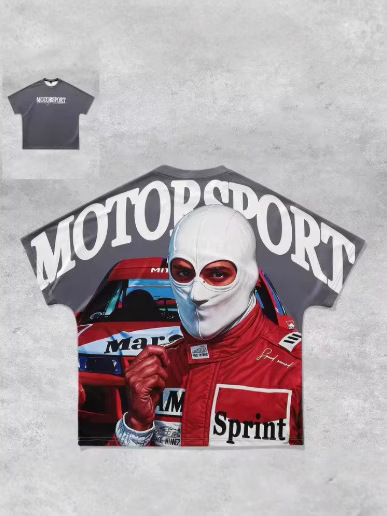 メンズレーシングカーTシャツ、レターとラウンドネックのショートジャージ、SuéterY2Kモデル、アウトドアサマーTシャツ|undefined