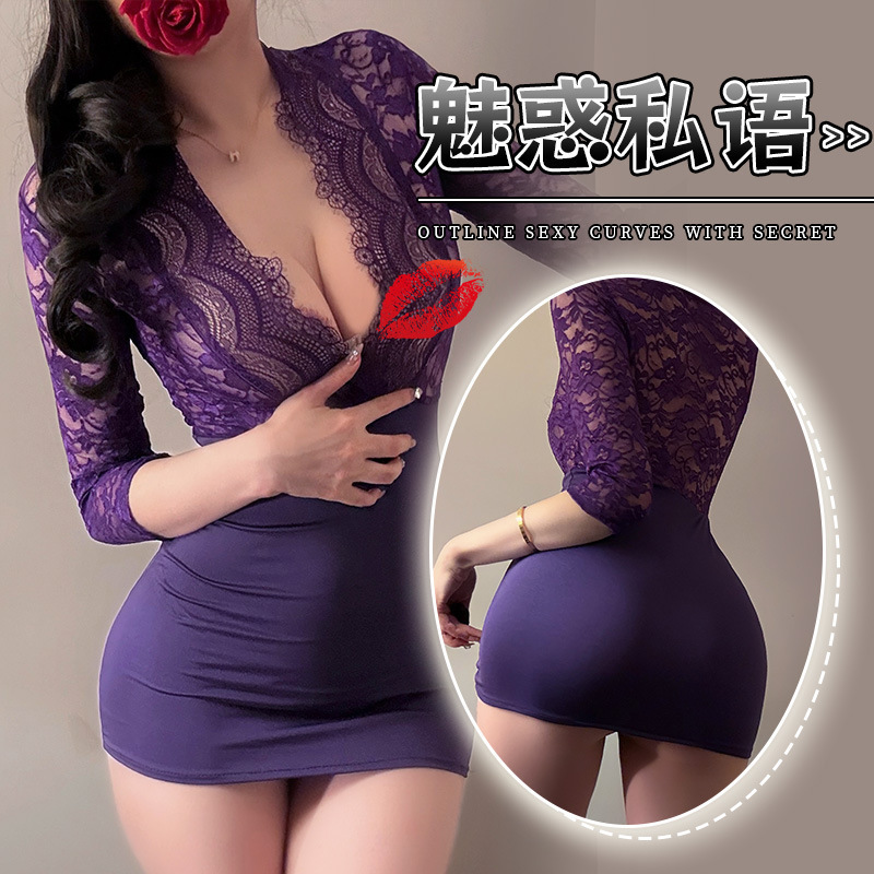 Purple Alluring Plus-Size Lingerie, Sexy European and American Style Deep V See-Through Lace Uniform, Seductive Secretary Dress, Bodycon Skirt Purple Alluring Plus-Size Lingerie, Sexy European and American Style Deep V See-Through Lace Uniform, Seductive Secretary Dress, Bodycon Skirt