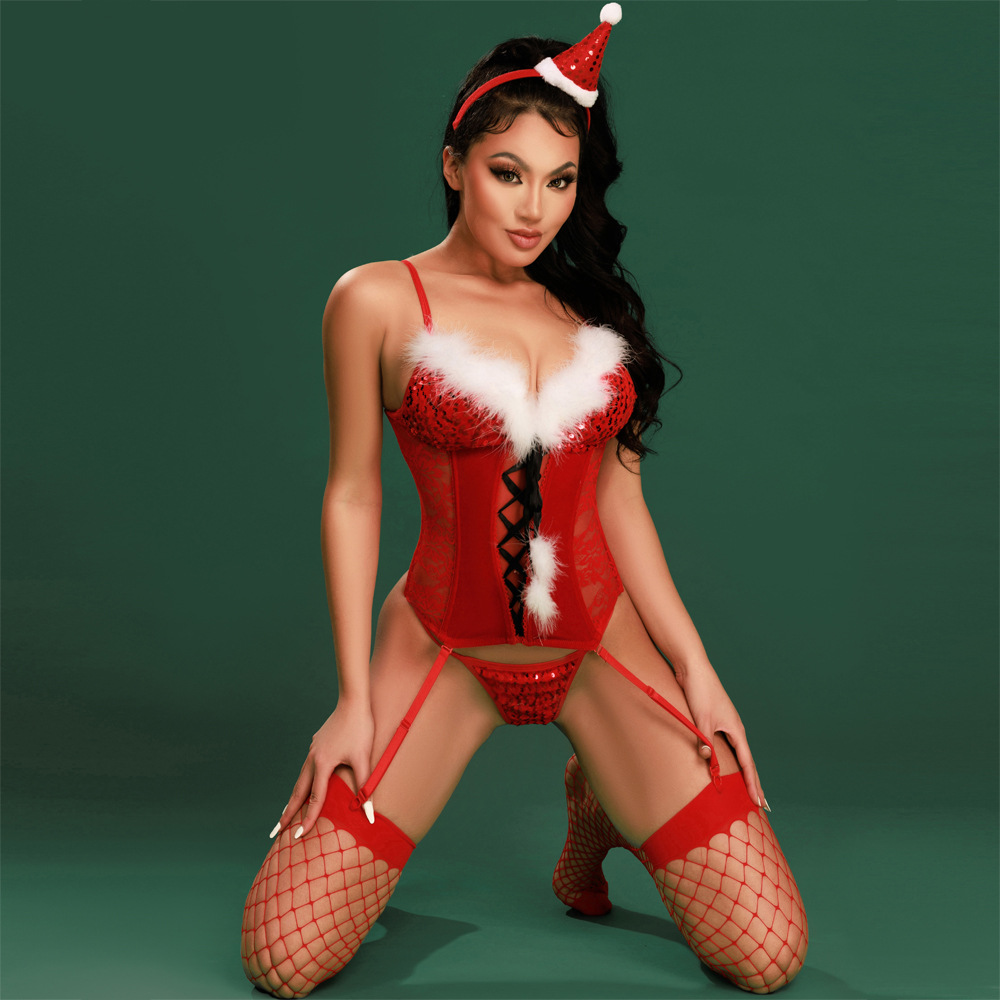 红色性感情趣圣诞服节日舞台表演圣诞节套装亮片透视制服诱惑8115