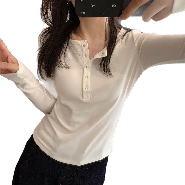 人手BI备！慕斯绒弹力打底衫亨利领扣子修身显瘦极简风长袖T恤女|undefined