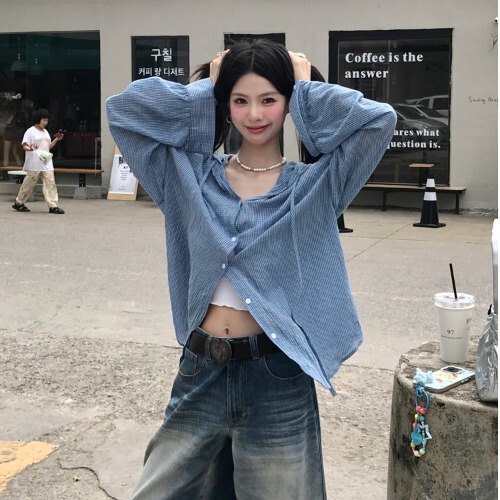 松弛感复古格纹连帽长袖衬衫女秋季2025新款外搭开衫衬衣宽松上衣|undefined