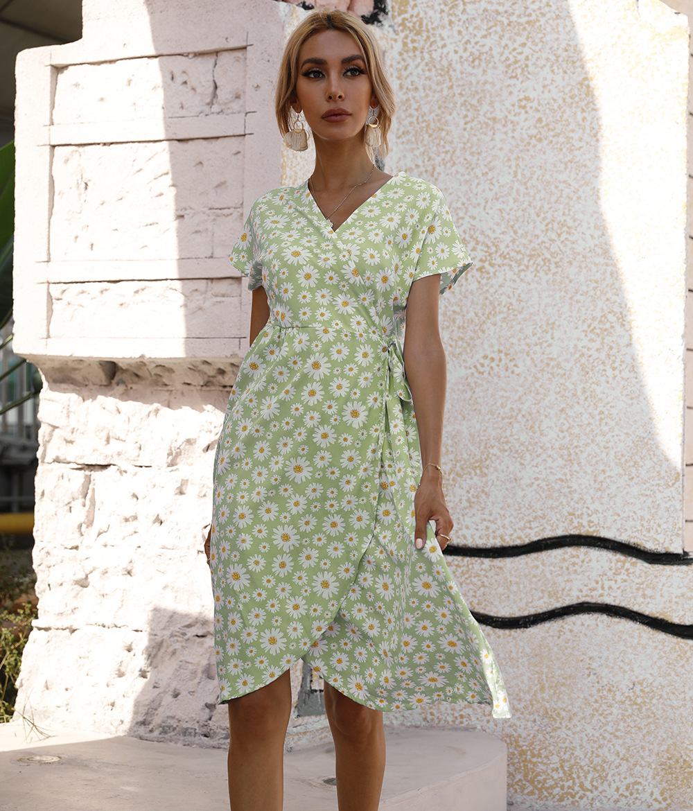 Women Stylish Long Dress Waist‑Cinch Design With All‑Over Print, Tie‑Waist & High Slit_ecoleips.com