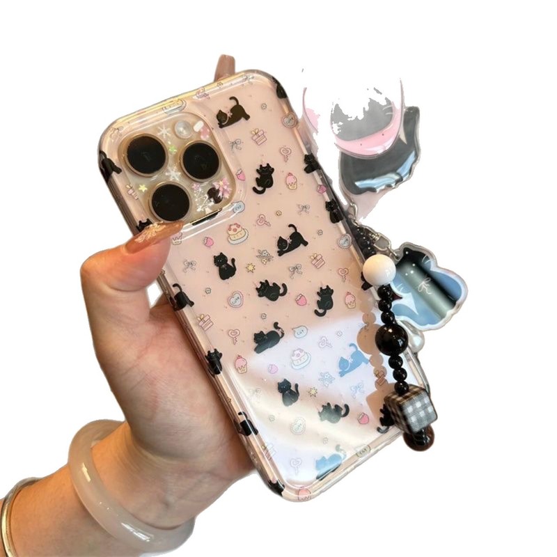 韩系草莓小黑猫支架链条适用iPhone16promax苹果15手机壳14新款13|undefined