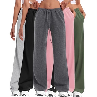 Cross-Border European and American 2025 Spring Amazon Women's Comfortable Sports Casual High-Waisted Lace-Up Straight Casual Long Sweatpants