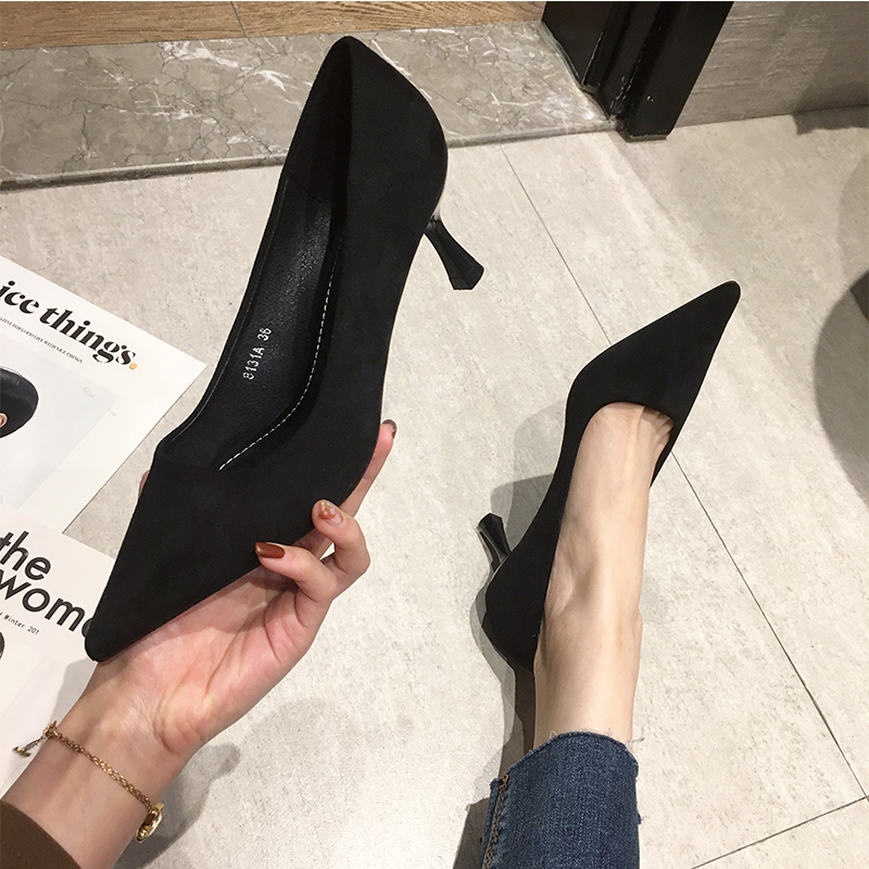 Formal High-Heeled Shoes for Women, Spring and Summer Low-Heeled 2026 New Model, Suede Black Professional 5cm Pointed Toe Stiletto Single Shoes Formal High-Heeled Shoes for Women, Spring and Summer Low-Heeled 2026 New Model, Suede Black Professional 5cm Pointed Toe Stiletto Single Shoes