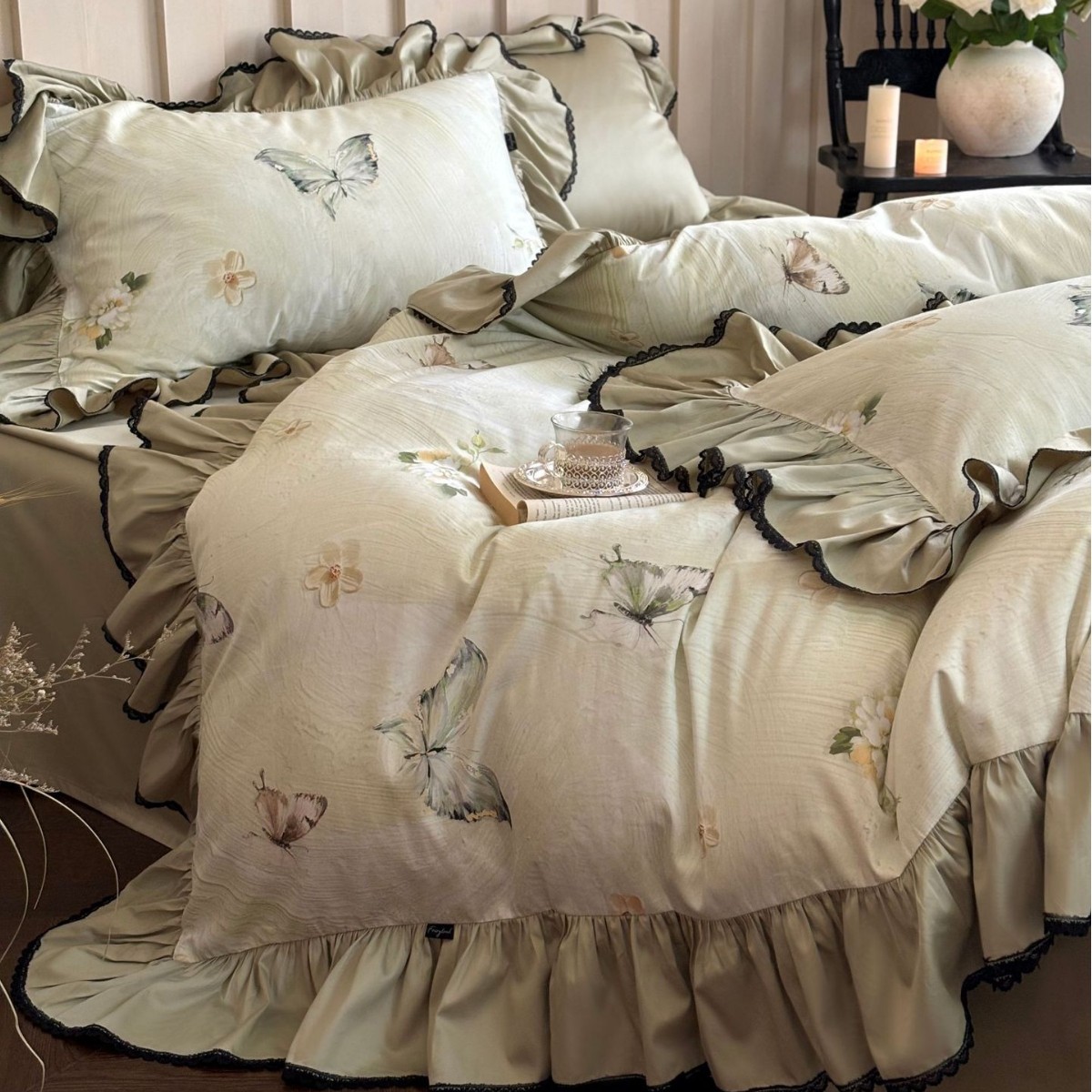 Nordic French Vintage Boho French High-End Pure Long-Staple Cotton Four-Piece Set All-Cotton Digital Print Vintage Style Lace Fresh Bedding_voghion.com