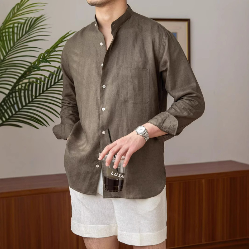 Loosen Commuter Lightly Mature Casual Breathable Long-Sleeved Shirt All-Match Holiday Collar Shirt Men's Henry Collar Top