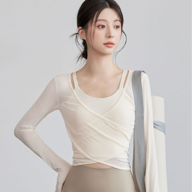 Trendy Sweet Design Women's Spring High-Waisted Tummy Control Long-Sleeve Yoga Outfit Sports Set with Mesh Overlay Cover-Up