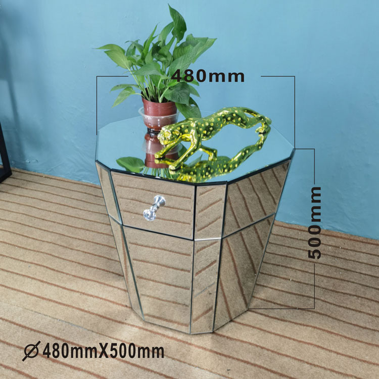 Light Luxury Mirrored Bedside Table Hotel Suite Mirrored Furniture Small Single Drawer Round Flower Table Modern Simple Glass Flower Stand