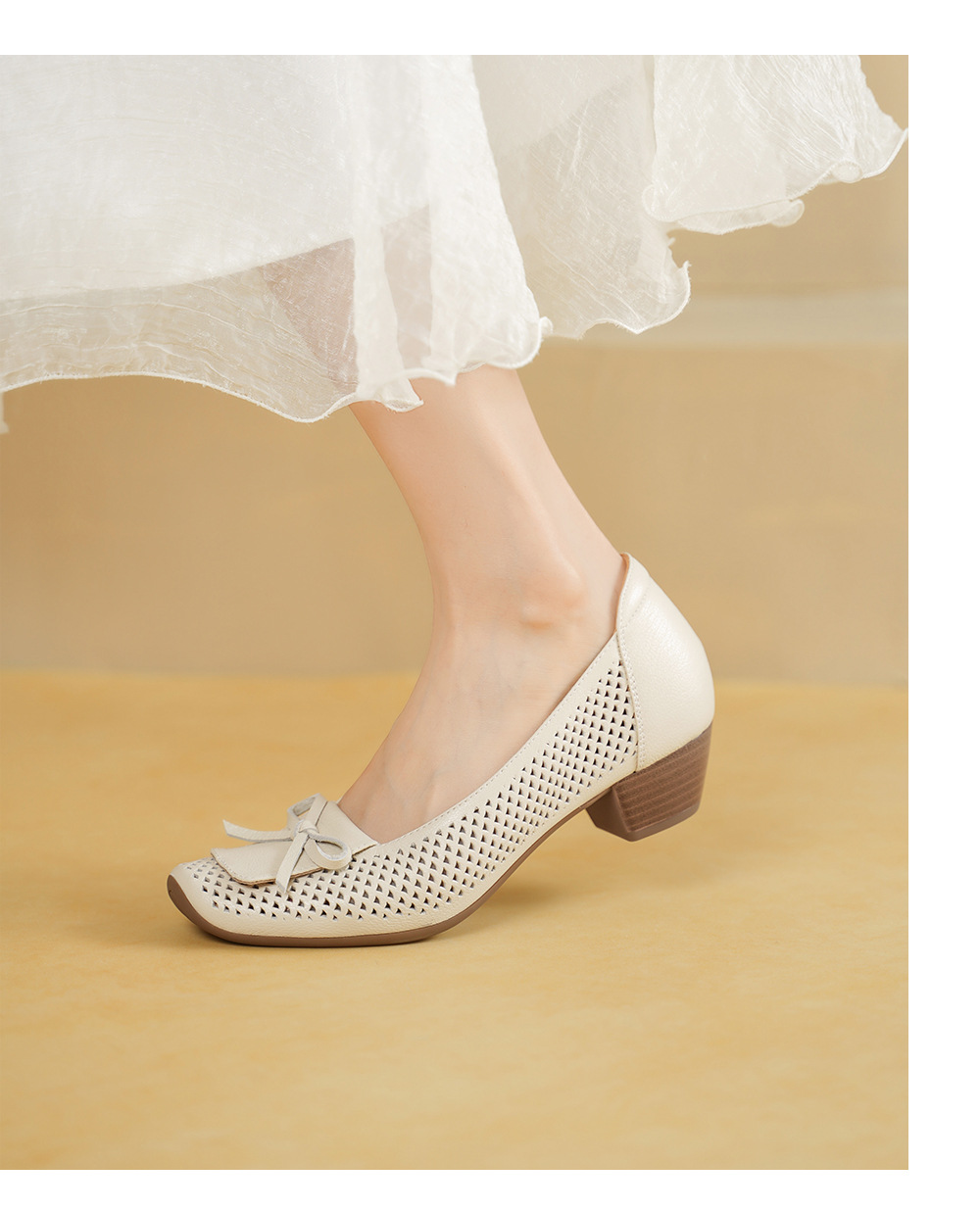 Giày cao gót nữ da cừu mũi nhọn gót vuông ổn định 3.5cm nơ bướm — màu trắng ngà chi tiết 11