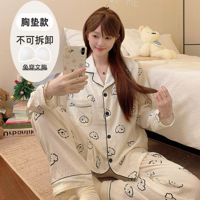 Al por mayor transfronterizo de otoño pantalones de manga larga pijamas casuales de mujer con cojín de pecho cardigan cómodo algodón nubes ropa para el hogar encantadora
