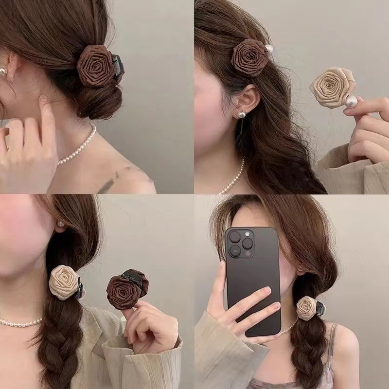 Flower Hair Accessories Claw Clip Hairpin French Style Internet Celebrity Pure Desire Style Rose Handmade Fabric Dried Rose Flower Ornament for Stray Hair