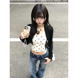 好看长袖t恤女撞色心裁面料感巨随高级假两件波点正肩广州图片色