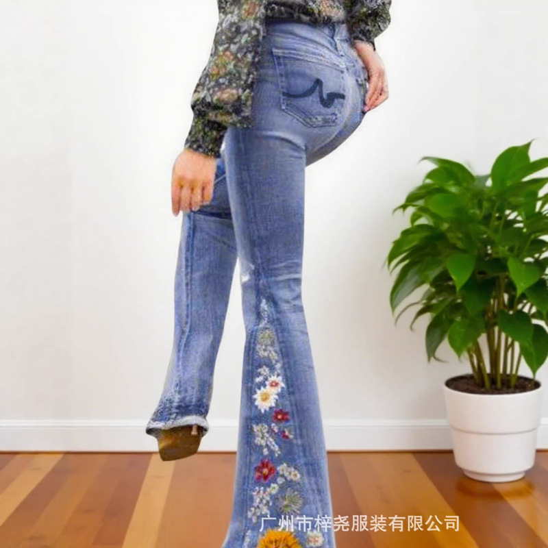 Women's Embroidered Flared Pants High Waist Stretch Denim Flare Pants Vintage Stretch Classic Style Loose Long Skinny Pants