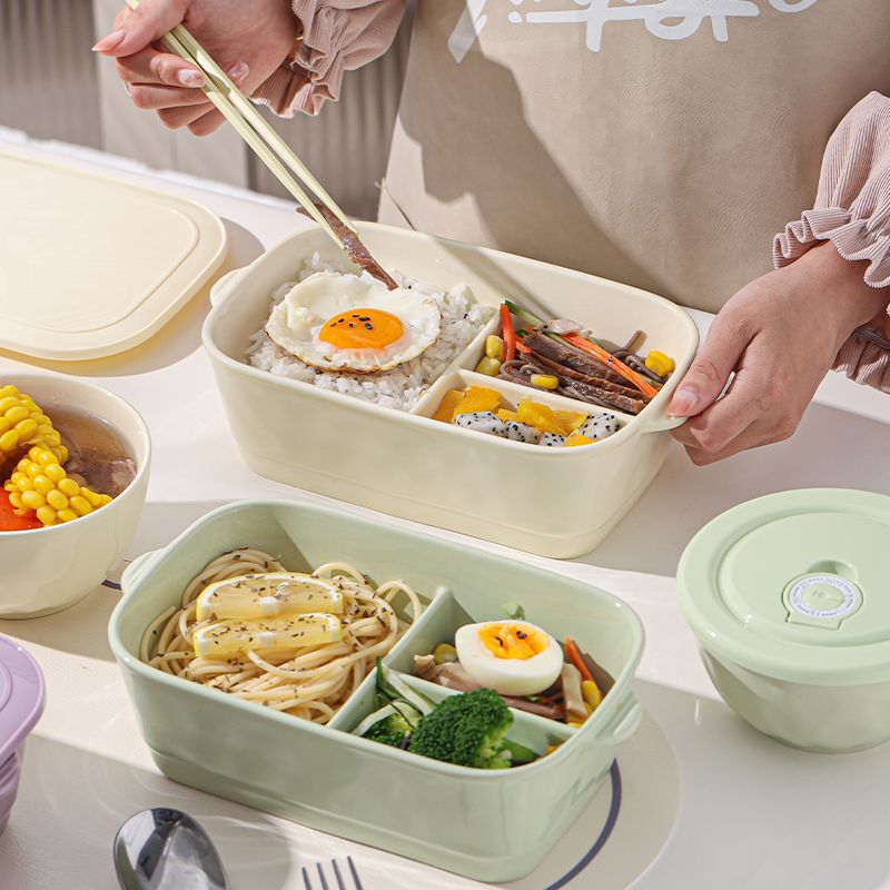 ins风陶瓷分格饭盒微波加热专用饭盒学生上班族食堂打饭便当盒|undefined