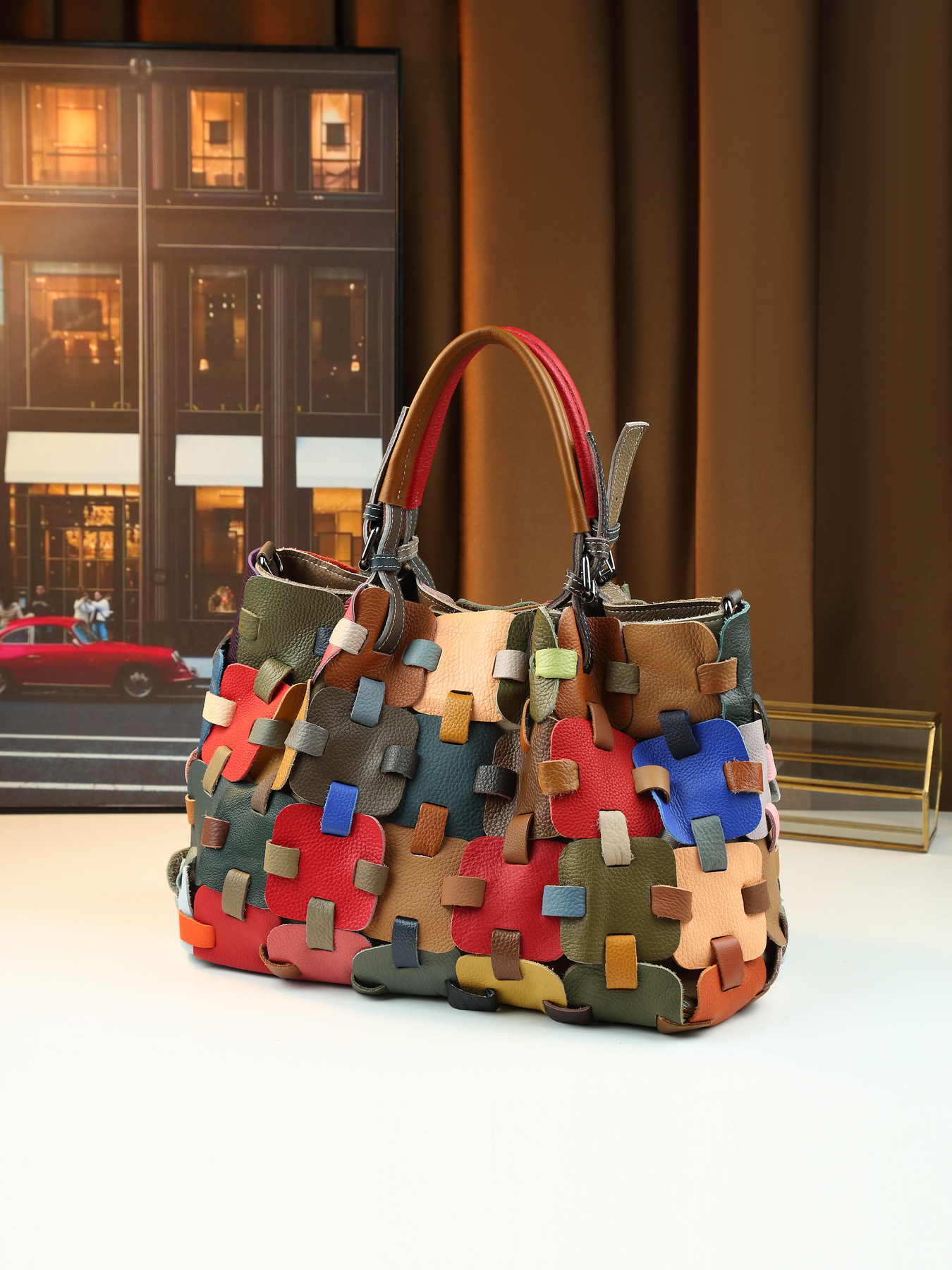 Woven Leather Patchwork Women's Handbag Large Shoulder Crossbody Bag_voghion.com