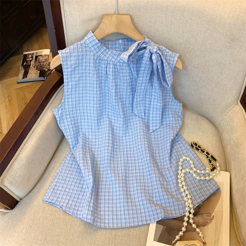 Real Shot of 2026 Spring New Style Sweet Design Fluttering Collar Plaid Slimming Sleeveless Shirt Women's Top Wholesale Real Shot of 2026 Spring New Style Sweet Design Fluttering Collar Plaid Slimming Sleeveless Shirt Women's Top Wholesale