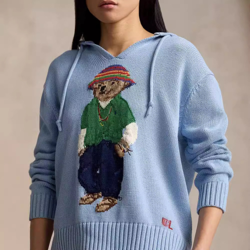 R~L 24 Autumn and Winter Women's American Age-Reducing Classic Bear Embroider Pure Cotton Loose Versatile Hooded Knitwear
