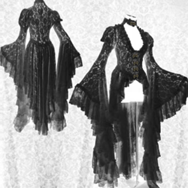Cross-border European and American Retro Medieval Court Lace Dress Party Horn Sleeve Irregular dress Large Offer Cross-border European and American Retro Medieval Court Lace Dress Party Horn Sleeve Irregular dress Large Offer
