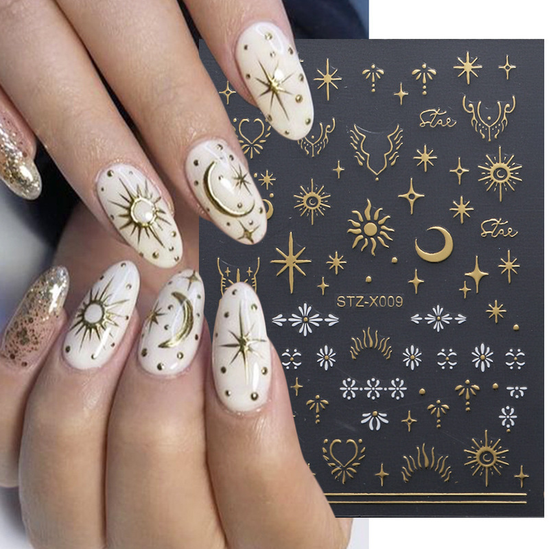 Cross-border new Sun Star Moon nail stickers hot chrysanthemum simple gold silver star star 3D adhesive stickers wholesale