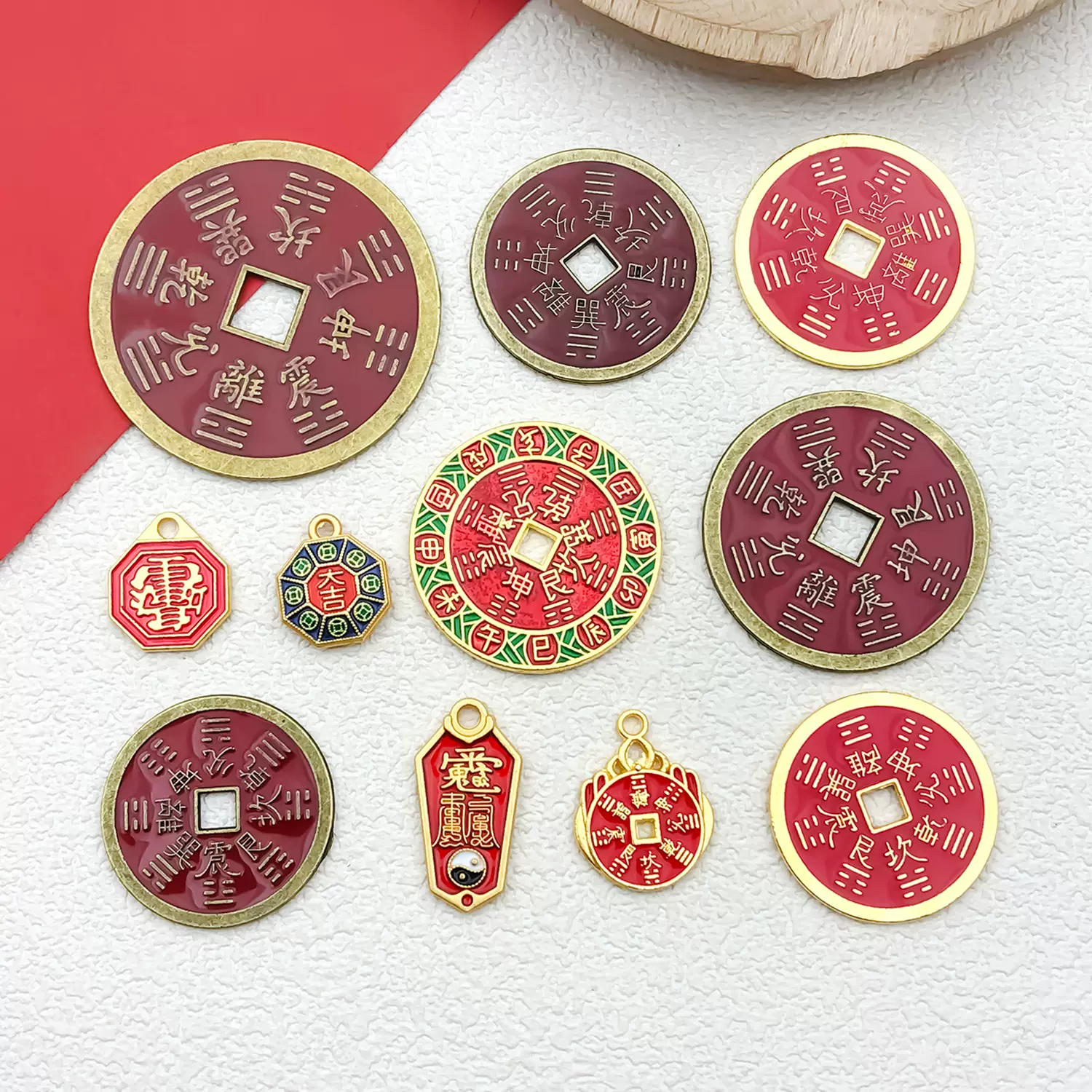 朱砂方孔山鬼花钱饰品复古工艺品朱砂仿古钱币摆件中式合金挂件