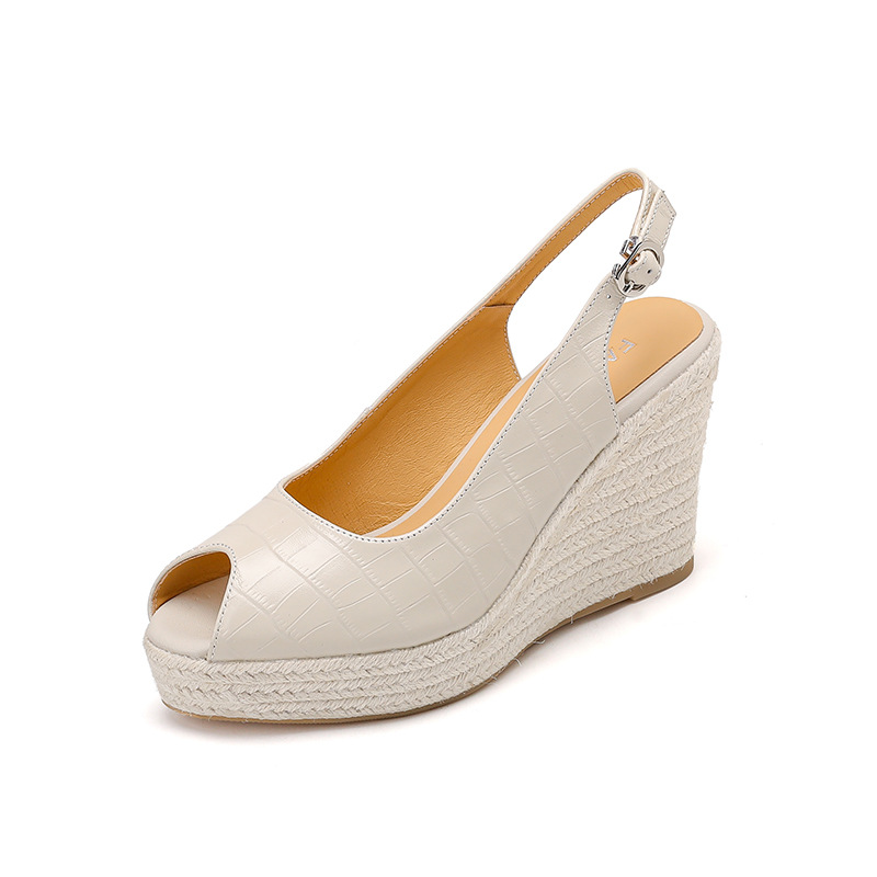 Sandal cao gót nữ hở mũi quai ngang đế xuồng đan rơm — màu trắng ngà, màu vàng
