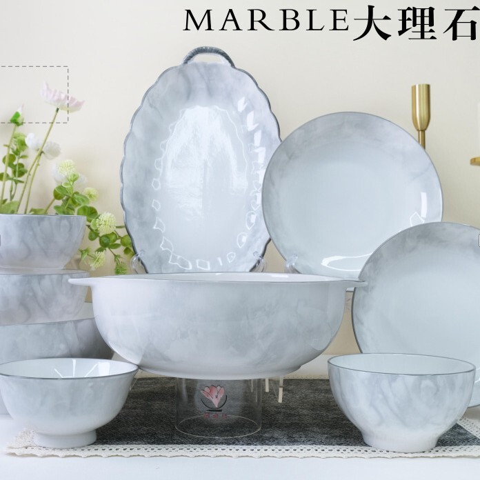 Marble-Style Ceramic Rice Bowl, Household Chinese-Style Ceramic Tableware Set, Durable and Exquisite Dishware, Handmade