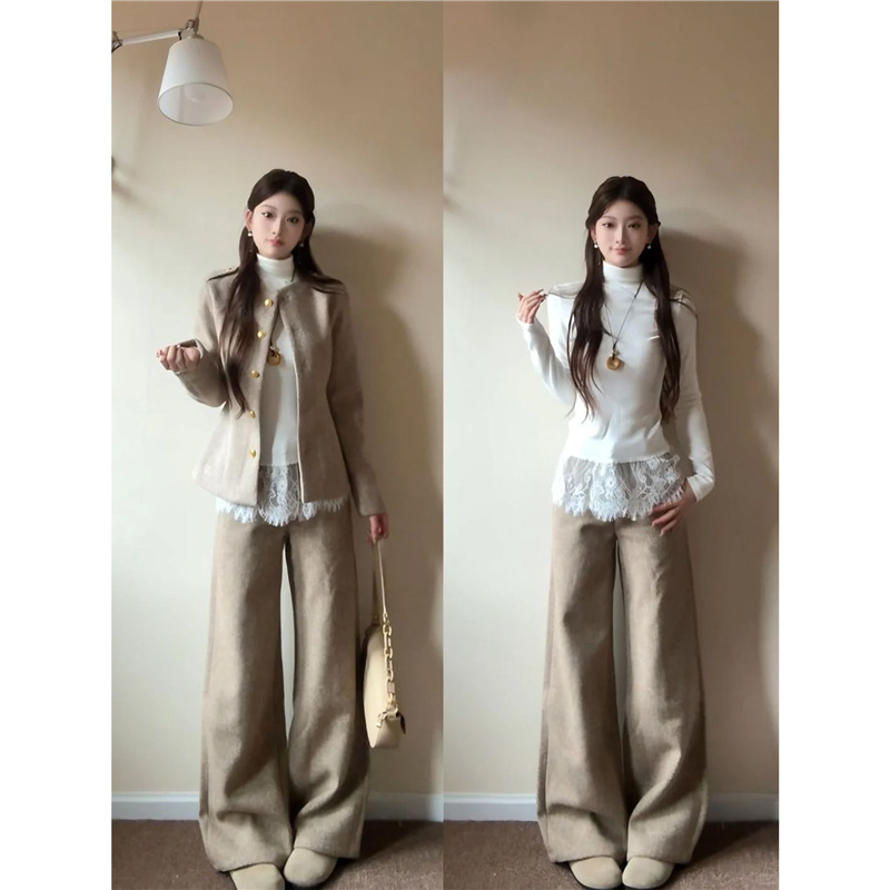 套装女2025秋冬新款韩系高级感毛呢外套蕾丝打底衫阔腿裤三件套潮