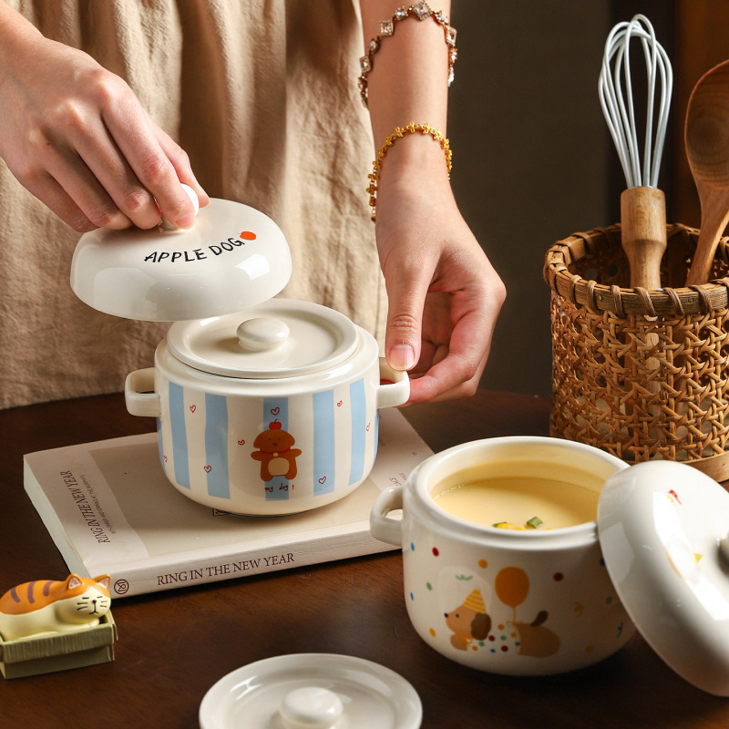Cute Water-Proof Ceramic Stewing Pot with Double Handles and Lid, Ceramic Steaming Bowl for Steamed Egg Custard, Stewing Pot and Soup Pot