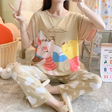 莉香儿夏季短袖长裤圆领睡衣女韩版卡通外贸原单家居服套装牛奶丝