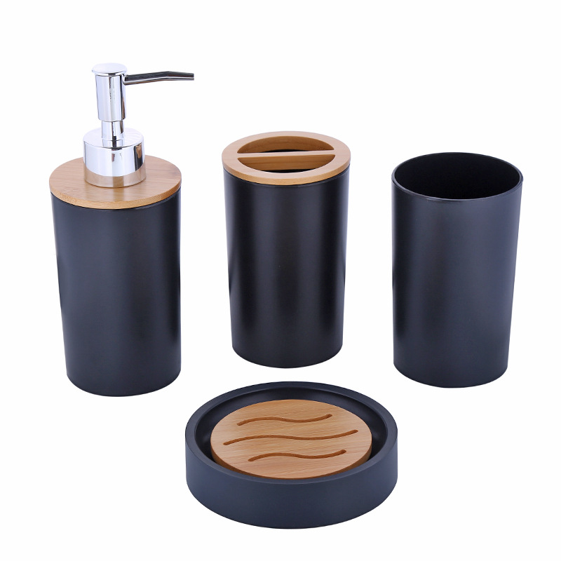 Juego de baño, juego de baño de 4 piezas, juego de baño con tapa de bambú, juego de rebanadas de bambú para baño, dispensador de jabón, soporte para cepillos de dientes, baño.