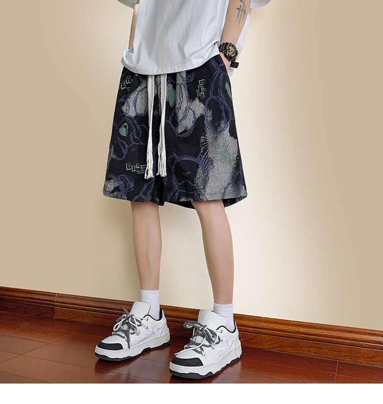 Men's Bear Print Drawstring Shorts, Loose Fit High Street Casual Shorts, Summer Streetwear Mid-Thigh Shorts_viptrois.com
