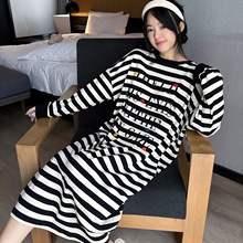 黑白条纹纯棉长袖睡裙女春秋长款韩版宽松大码孕妇胖MM睡衣家居服