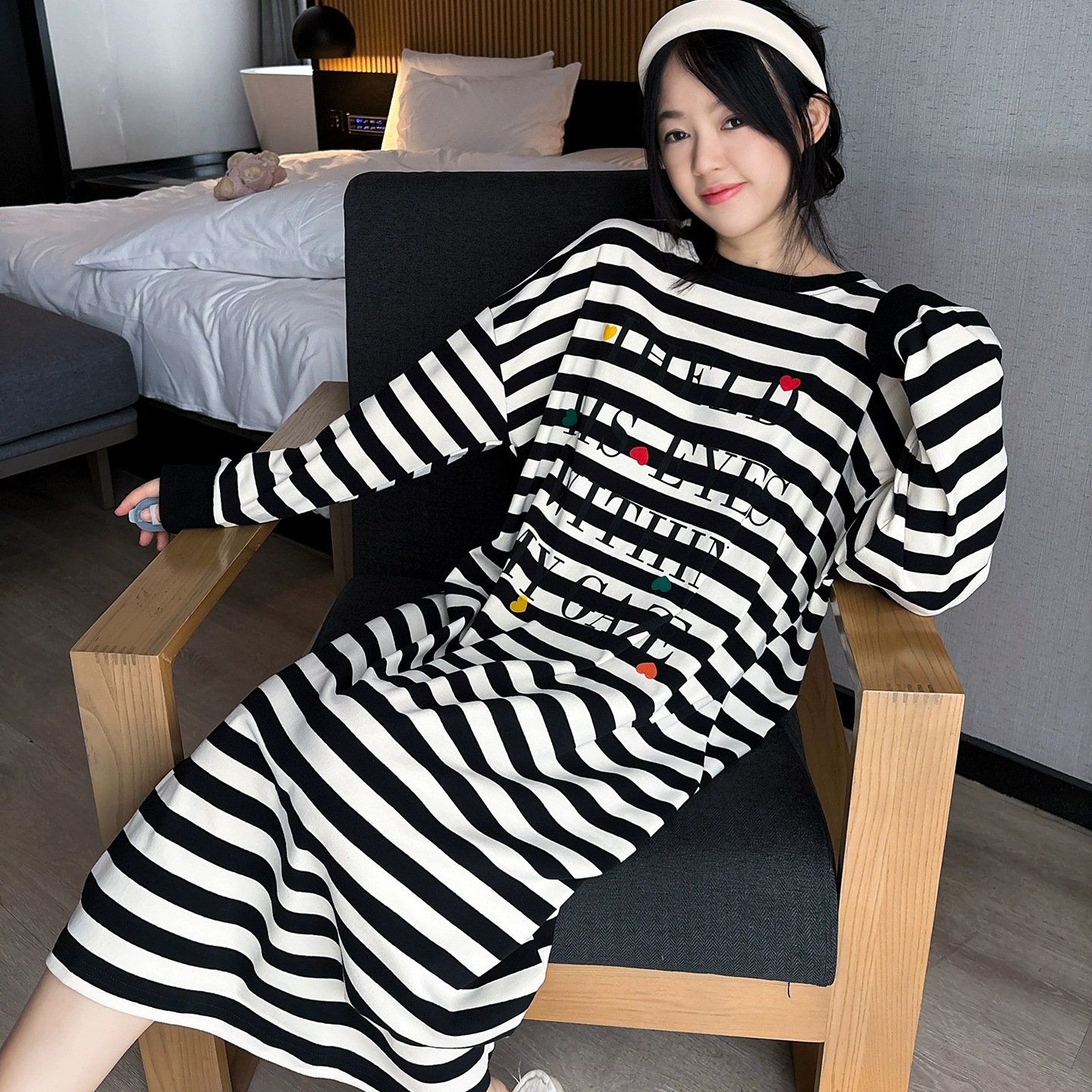 黑白条纹纯棉长袖睡裙女春秋长款韩版宽松大码孕妇胖MM睡衣家居服