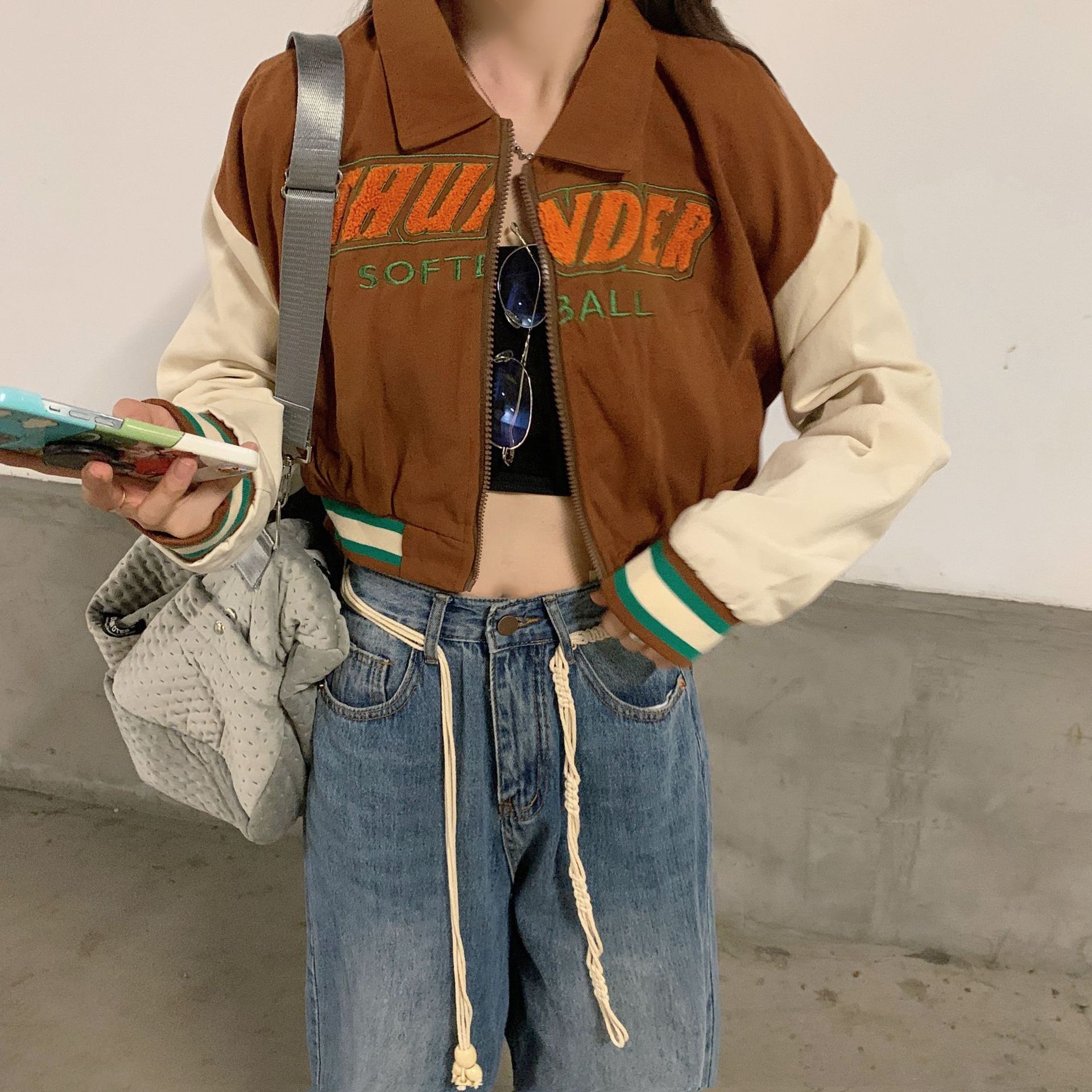 外贸虾皮美式复古辣妹短款vintage棒球服设计感小众夹克长袖外套
