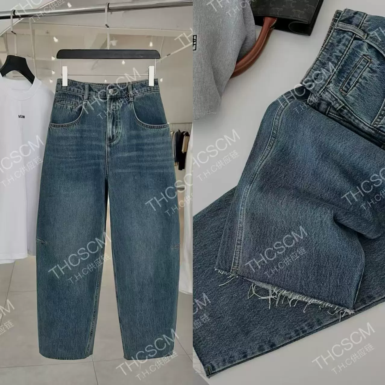 Demi-season velvet three dimensional jeans, high waist, oversize
