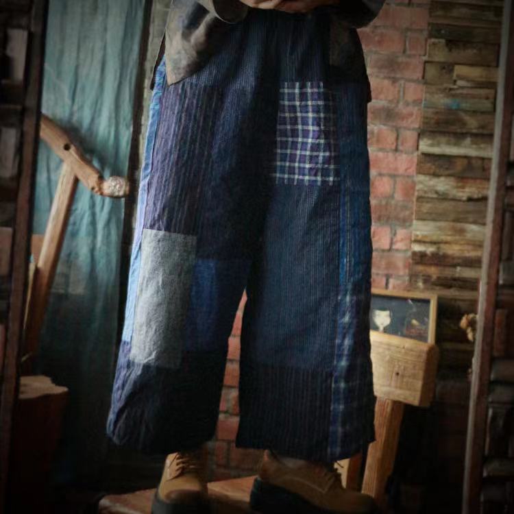 Luogu Mud Light Custom Retro Handmade Zen Old Coarse Cloth Splicing Loose Nine-Point Pants Wide-Leg Pants 1830