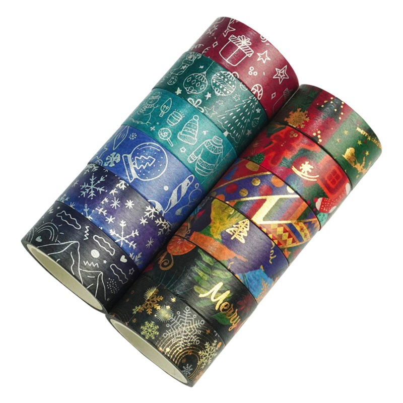 Рождественская золотая и серебряная фольгированная лента васи, 12 рулонов, экспортная поставка, для украшения рождественских чулок, планирования и праздничных декораций, трансграничные наклейки