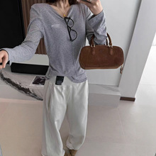 miu系高级感羊毛天丝修身打底衫女开骨长袖早秋极简穿搭白衣T恤女