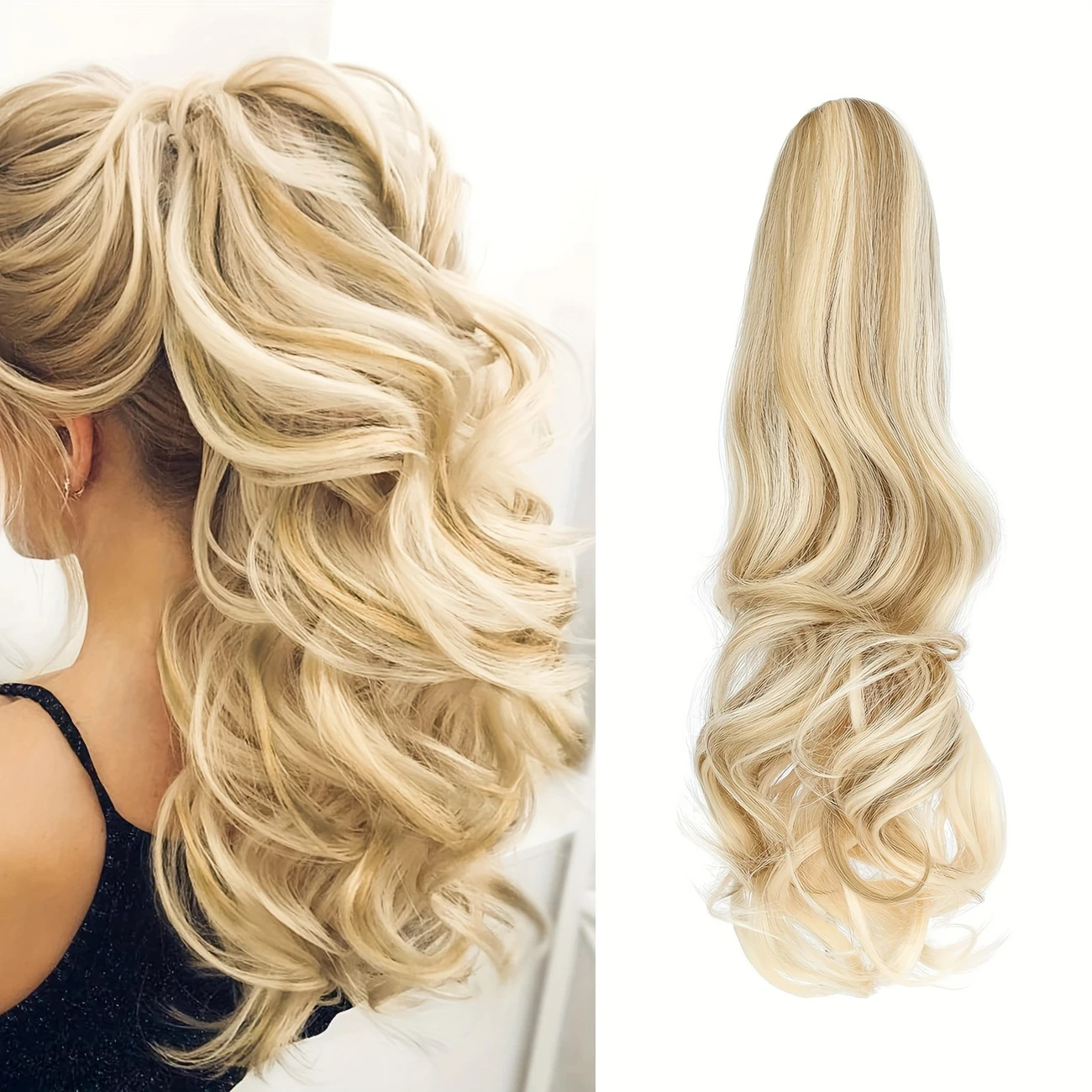 Cola de caballo larga y rizada para mujer, con pinzas, extensiones de cabello sintético dorado._voghion.com
