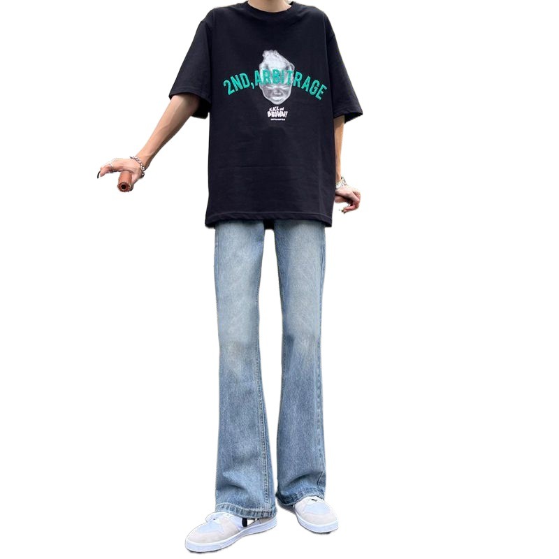 Retro lavado en agua azul microbolar jeans hombre relajado recto verano pantalones de sensación de caída hombre versátil sandalones casuales