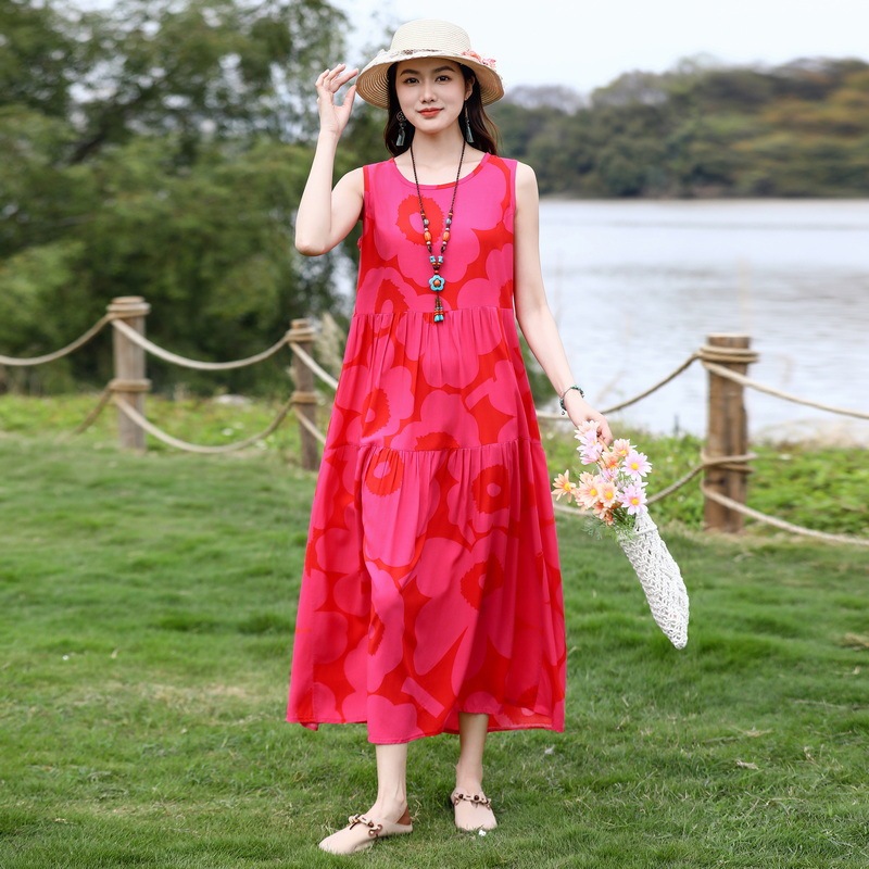 ノースリーブの若い女性の綿シルクドレス夏の海辺の休暇プラスサイズの膝丈ビーチドレス|undefined