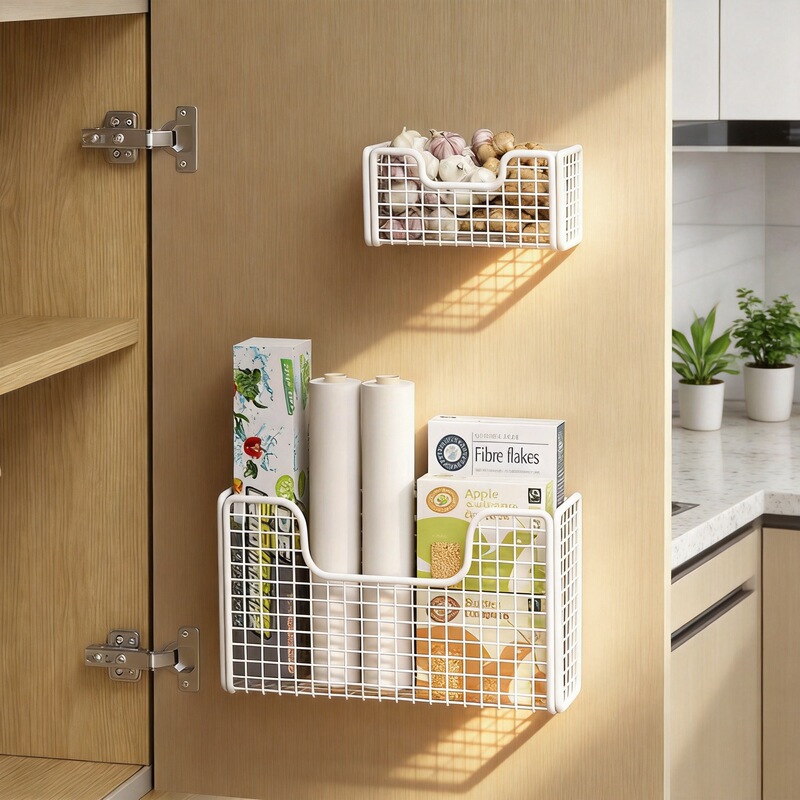 Storage Rack for Inside Kitchen Cabinet Doors, Hook for Behind the Door, Plastic Wrap Bag Holder, Cabinet Door Hanging Basket, Storage Rack, No Drilling Required