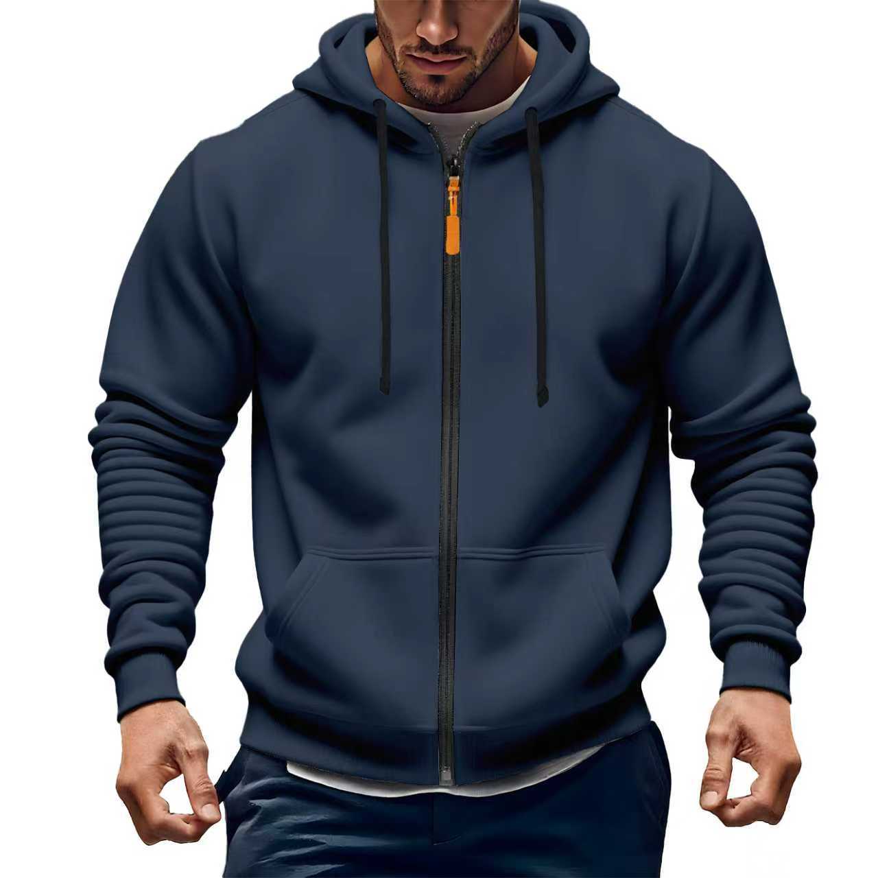 Monochrome Man- Cross-Border Autumn And Winter New Casual Fleece-Lined Thickened 'S Sweatshirt, Solid Color Zip-Up Hoodie Jacket For_voghion.com