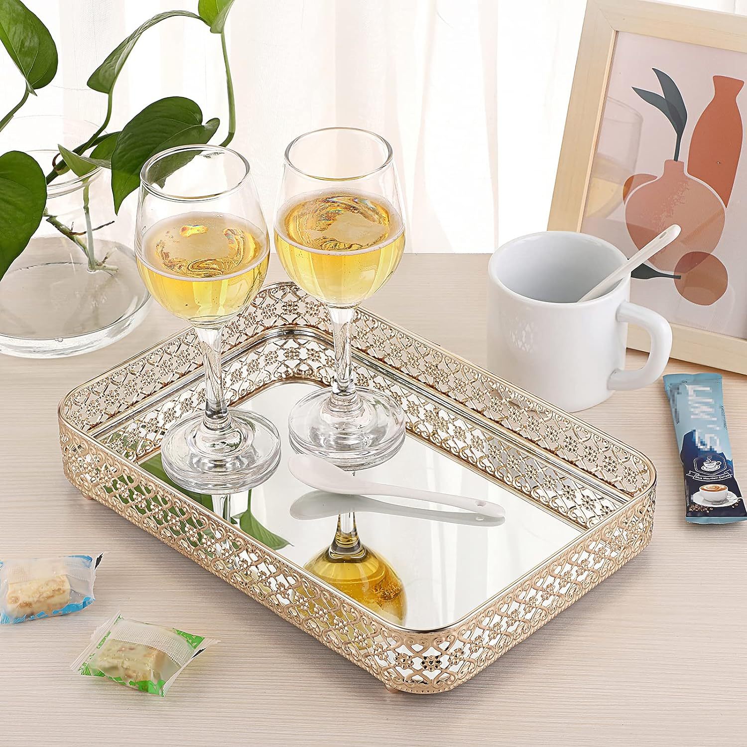 Nuevos productos transfronterizos europeos de lujo ligero metal espejo bandeja de hoteles caseros bandeja de frutas bandeja de cosméticos bandeja de joyería