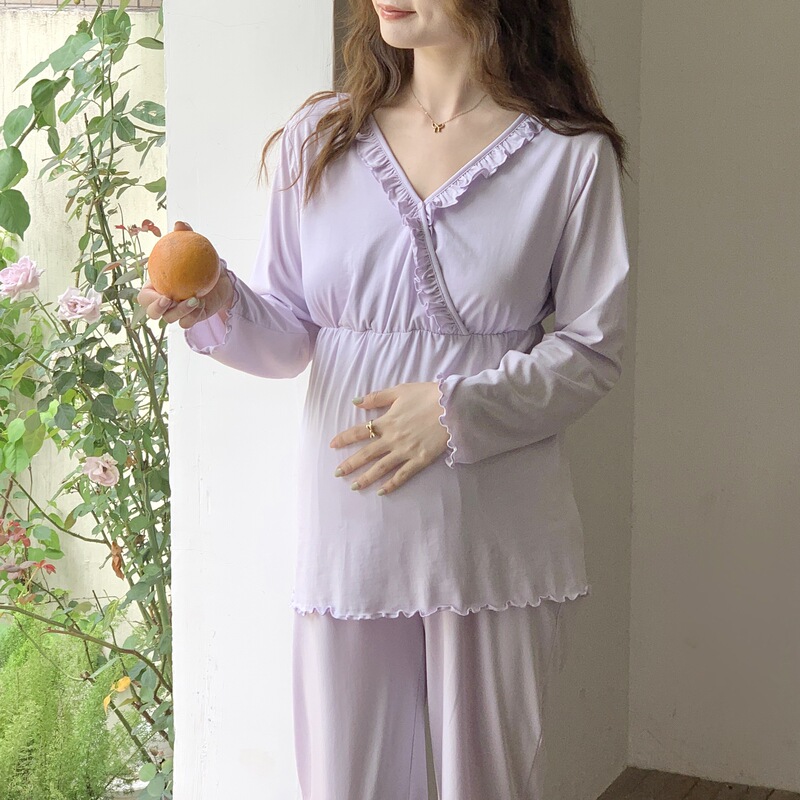 [in Stock 2203 with Chest Pads] Maternity Autumn Clothing Set with Padded Bra, Nursing Loungewear, Sleepwear Set for Women, Postpartum Wear