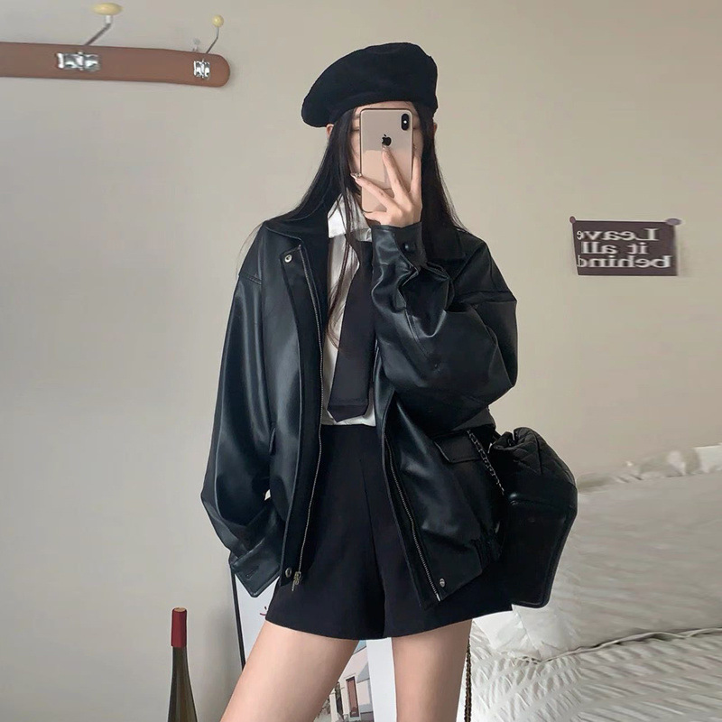 安可拉红皮衣短外套女学生春秋新款美式复古棒球服皮夹克上衣|undefined
